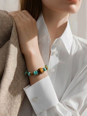 Turquoise & Tiger Eye Beaded Stretch Bracelet - Women Jewelry